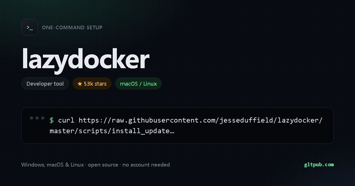 lazydocker one-command setup card, developer tool, for macOS and Linux, 53k stars on the project's repository