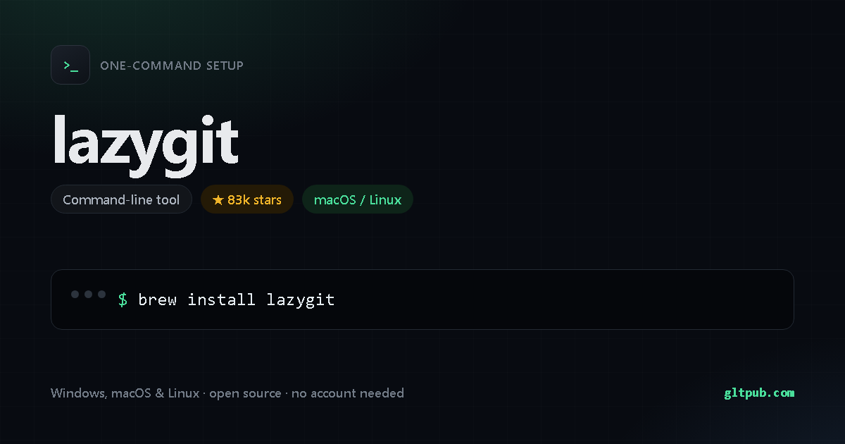 lazygit one-command setup card, command-line tool, for macOS and Linux, 83k stars on the project's repository