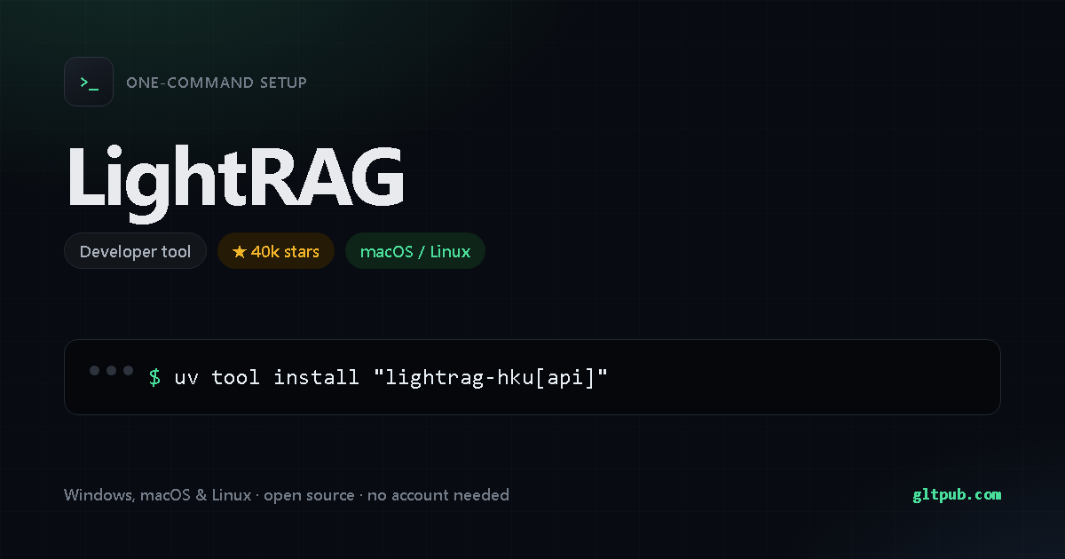 LightRAG one-command setup card, developer tool, for macOS and Linux, 40k stars on the project's repository