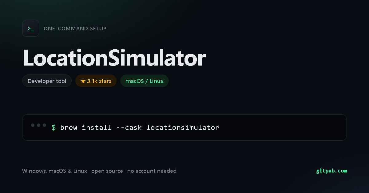 LocationSimulator one-command setup card, developer tool, for macOS and Linux, 3.1k stars on the project's repository