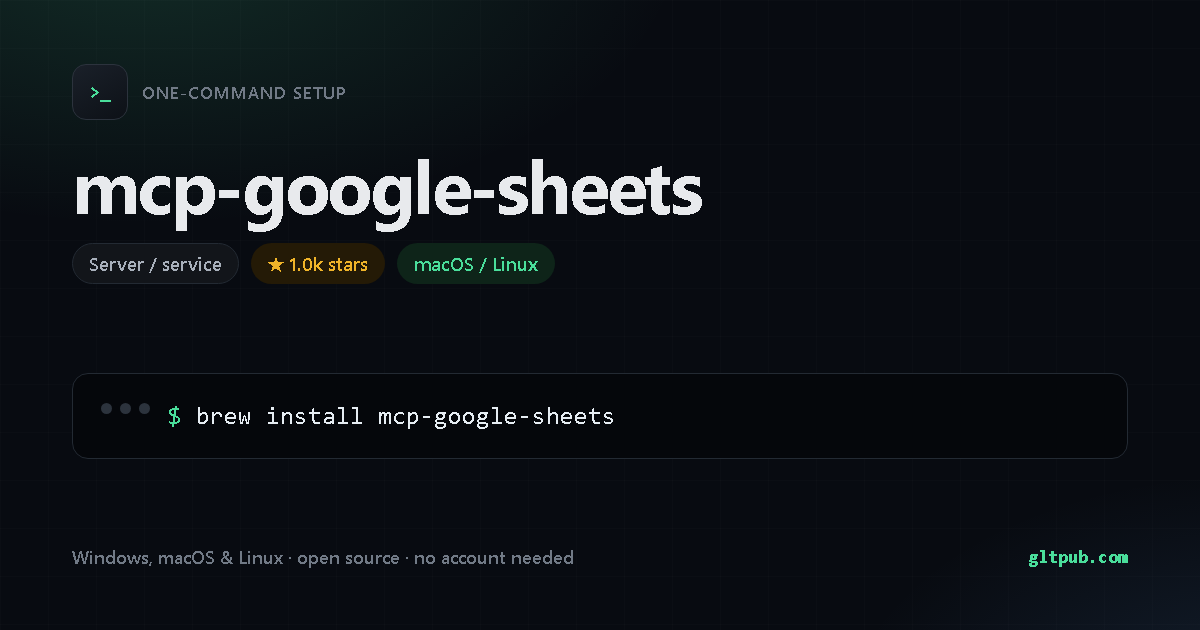 mcp-google-sheets one-command setup card, server / service, for macOS and Linux, 1.0k stars on the project's repository