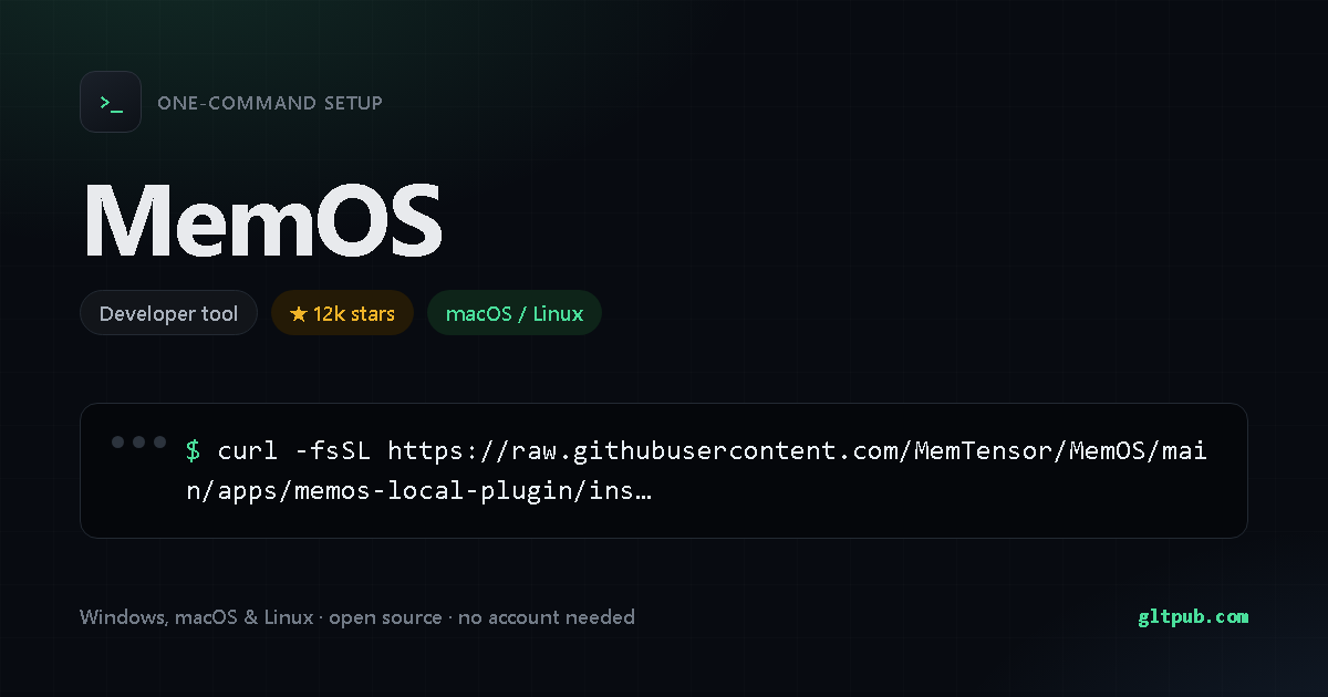MemOS one-command setup card, developer tool, for macOS and Linux, 12k stars on the project's repository