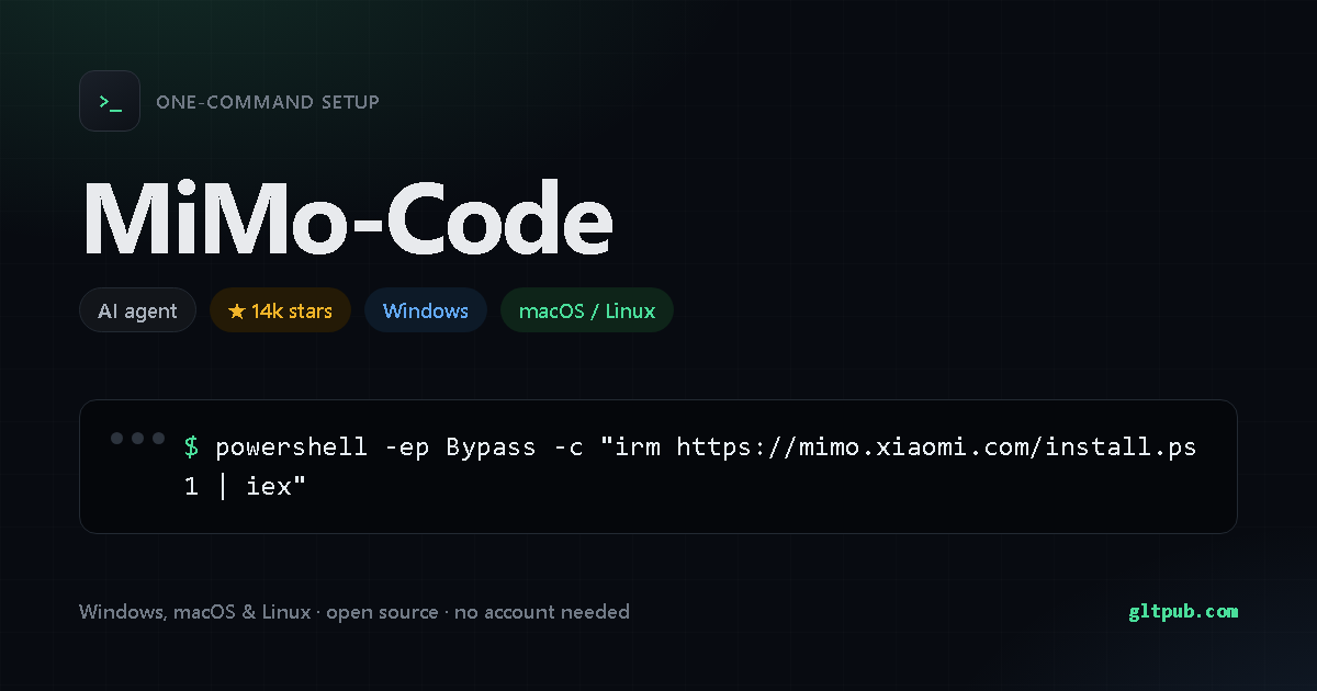 MiMo-Code one-command setup card, ai agent, for Windows and macOS and Linux, 14k stars on the project's repository