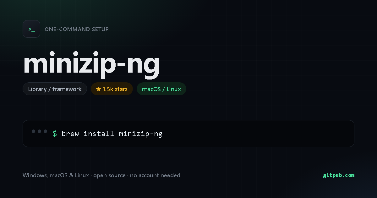 minizip-ng one-command setup card, library / framework, for macOS and Linux, 1.5k stars on the project's repository
