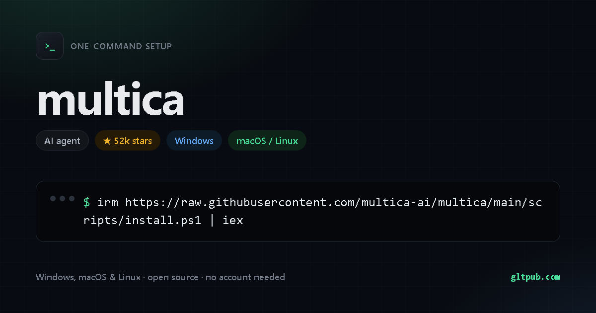 multica one-command setup card, ai agent, for Windows and macOS and Linux, 52k stars on the project's repository