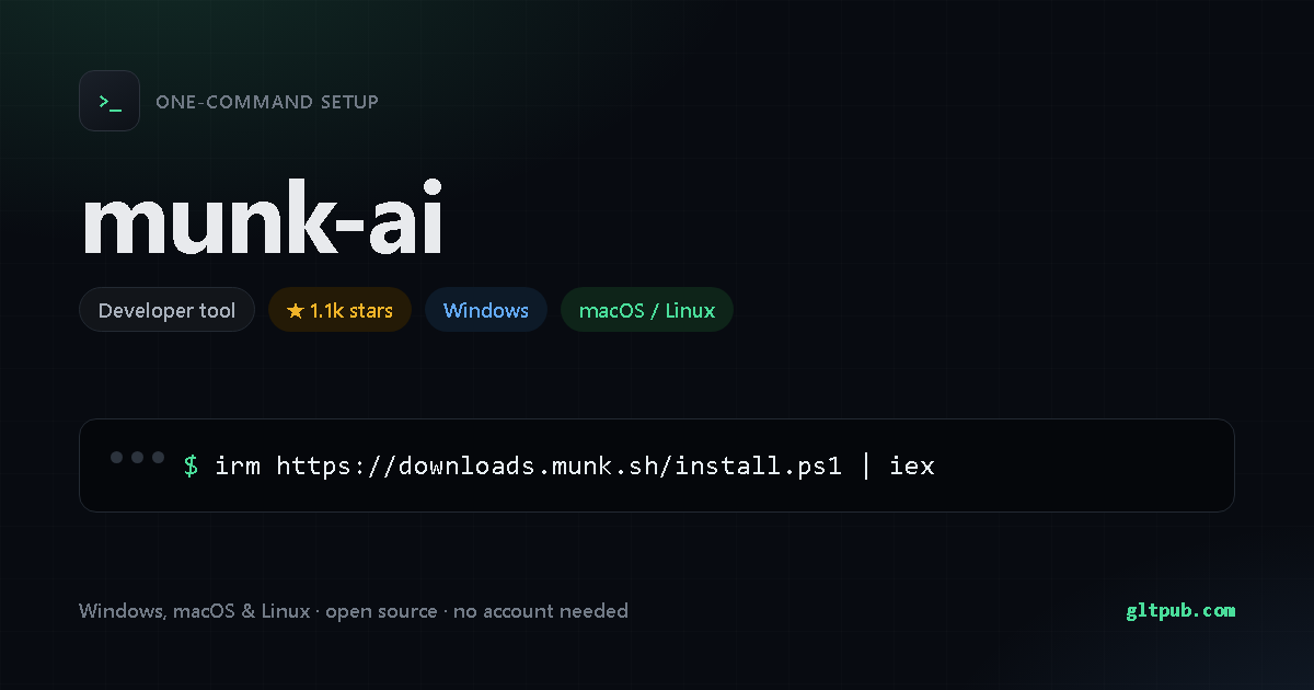 munk-ai one-command setup card, developer tool, for Windows and macOS and Linux, 1.1k stars on the project's repository