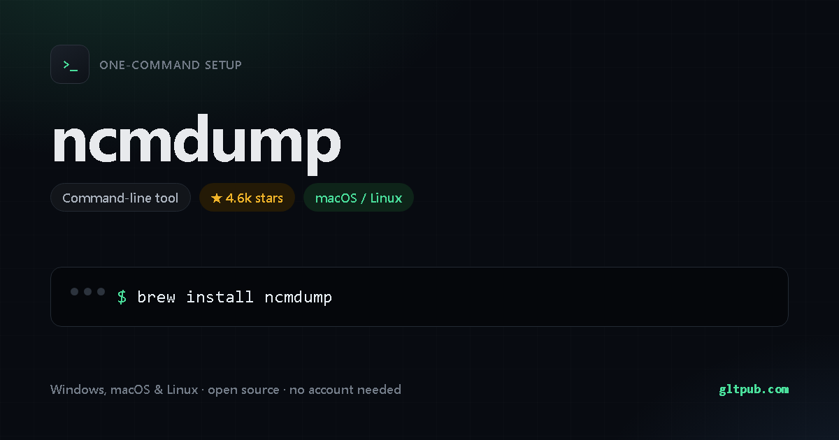 ncmdump one-command setup card, command-line tool, for macOS and Linux, 4.6k stars on the project's repository