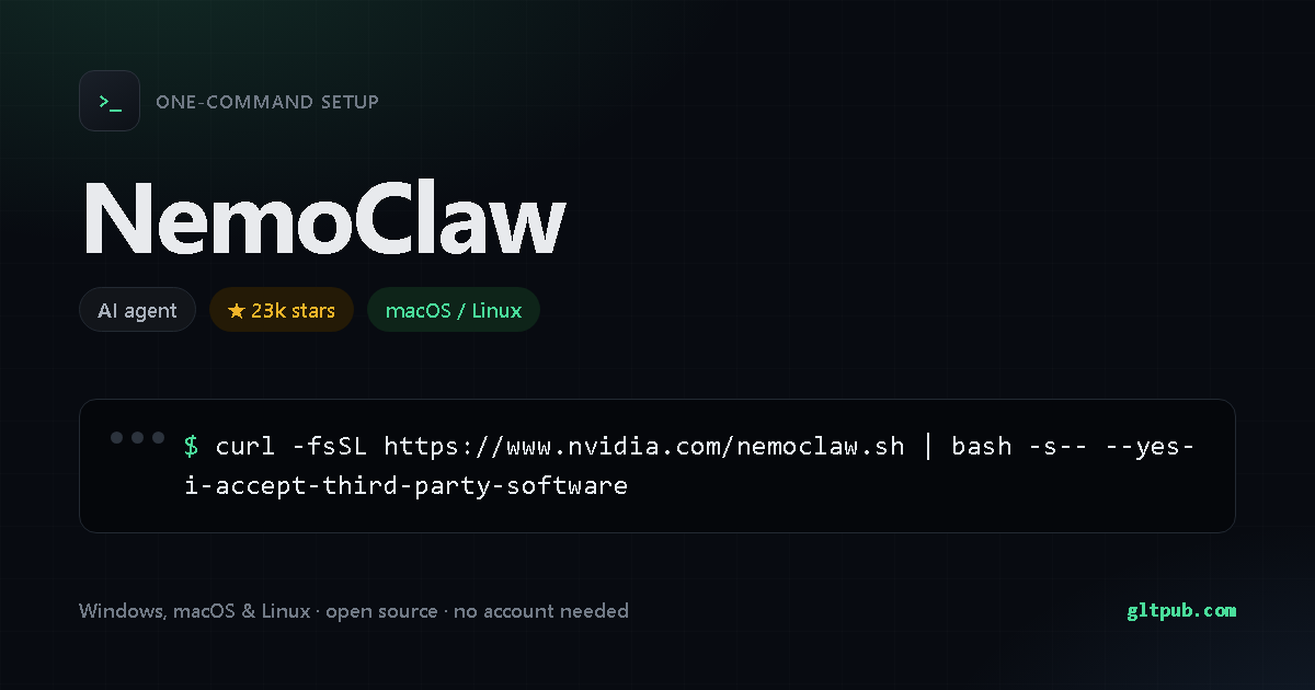 NemoClaw one-command setup card, ai agent, for macOS and Linux, 23k stars on the project's repository