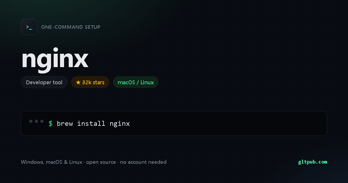 nginx one-command setup card, developer tool, for macOS and Linux, 32k stars on the project's repository