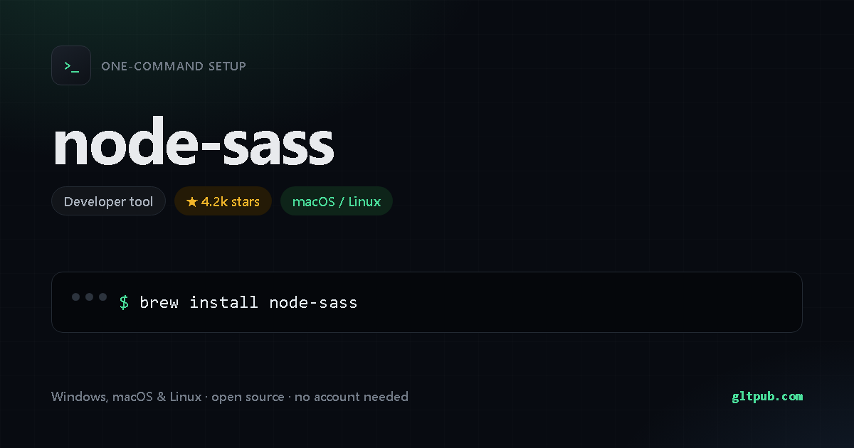 node-sass one-command setup card, developer tool, for macOS and Linux, 4.2k stars on the project's repository