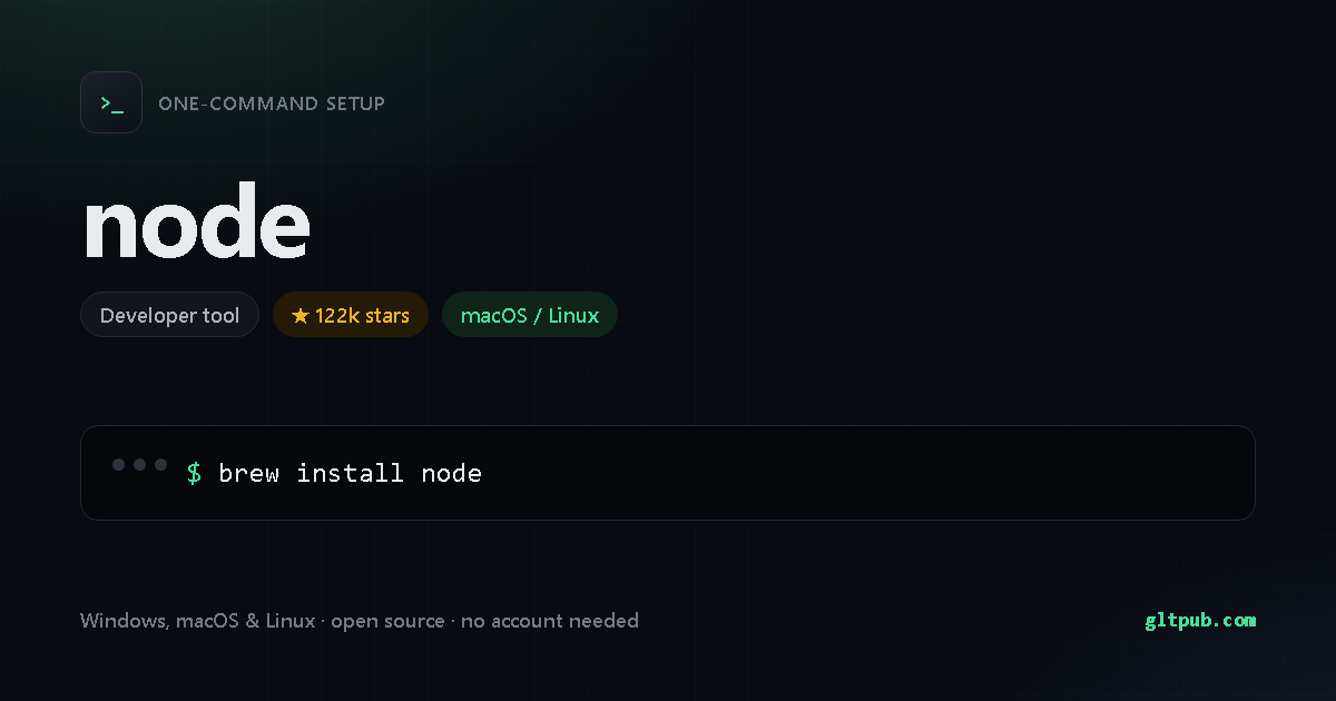 node one-command setup card, developer tool, for macOS and Linux, 122k stars on the project's repository