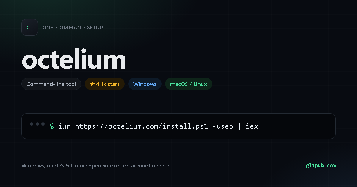 octelium one-command setup card, developer tool, for Windows and macOS and Linux, 4.1k stars on the project's repository