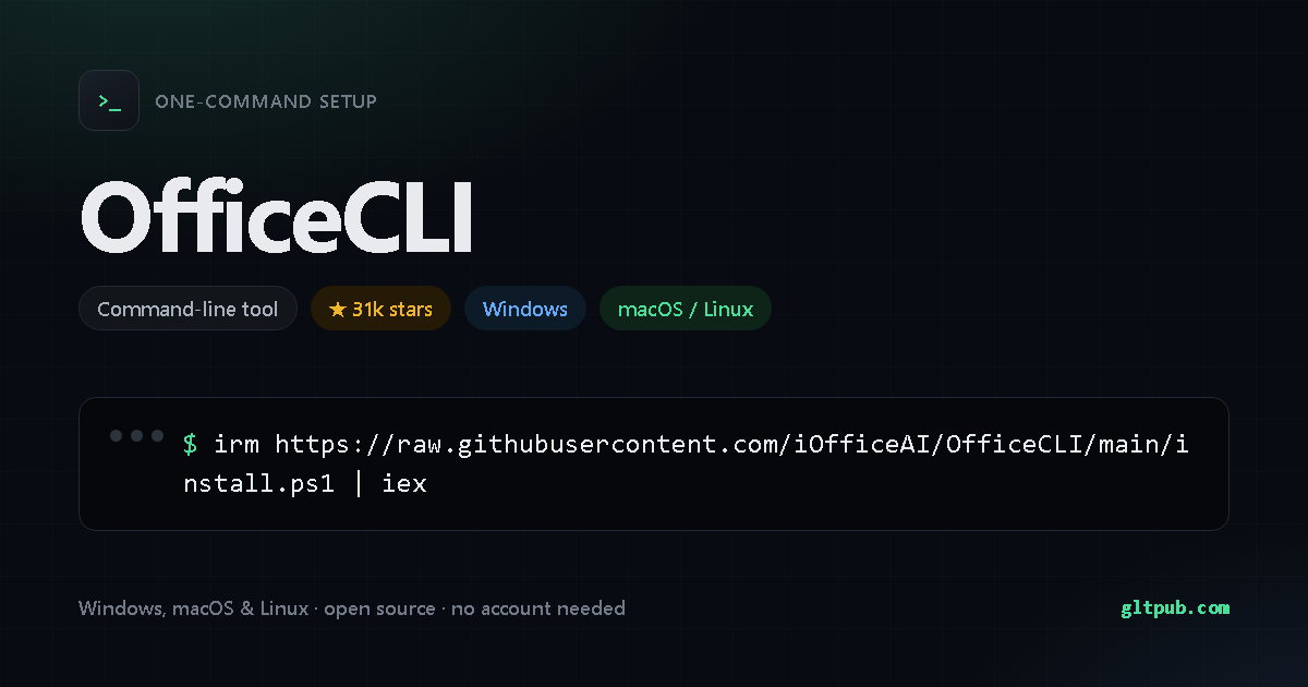 OfficeCLI one-command setup card, command-line tool, for Windows and macOS and Linux, 31k stars on the project's repository