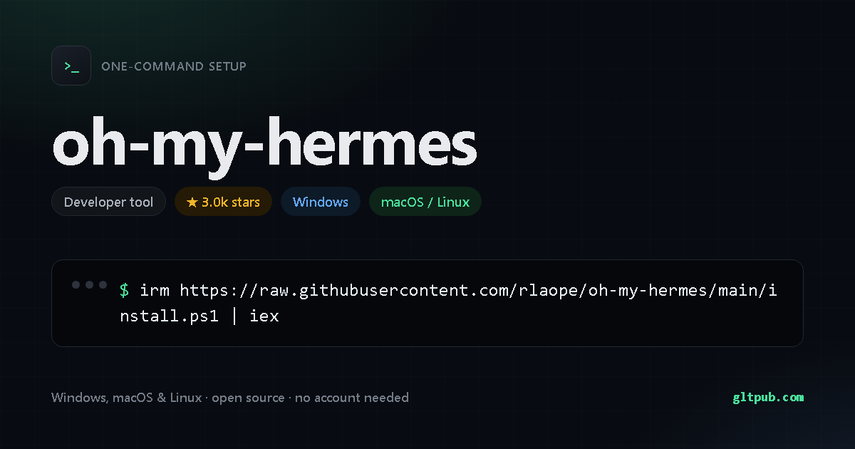 oh-my-hermes one-command setup card, developer tool, for Windows and macOS and Linux, 3.0k stars on the project's repository