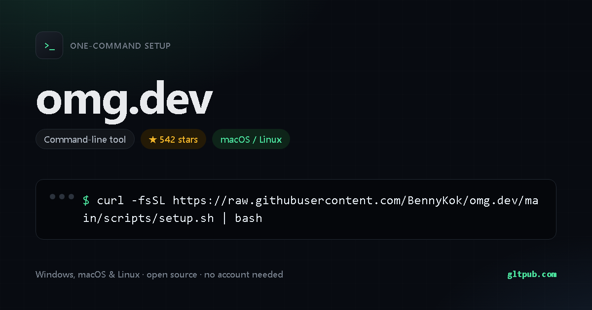 omg.dev one-command setup card, command-line tool, for macOS and Linux, 542 stars on the project's repository