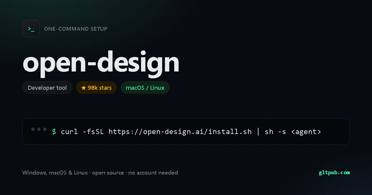 open-design one-command setup card, developer tool, for macOS and Linux, 98k stars on the project's repository