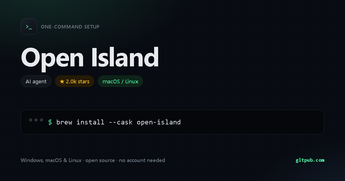 Open Island one-command setup card, ai agent, for macOS and Linux, 2.0k stars on the project's repository