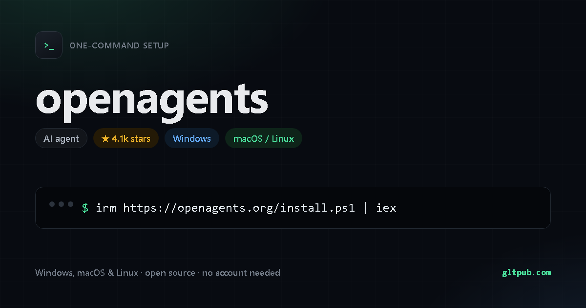 openagents one-command setup card, ai agent, for Windows and macOS and Linux, 4.1k stars on the project's repository