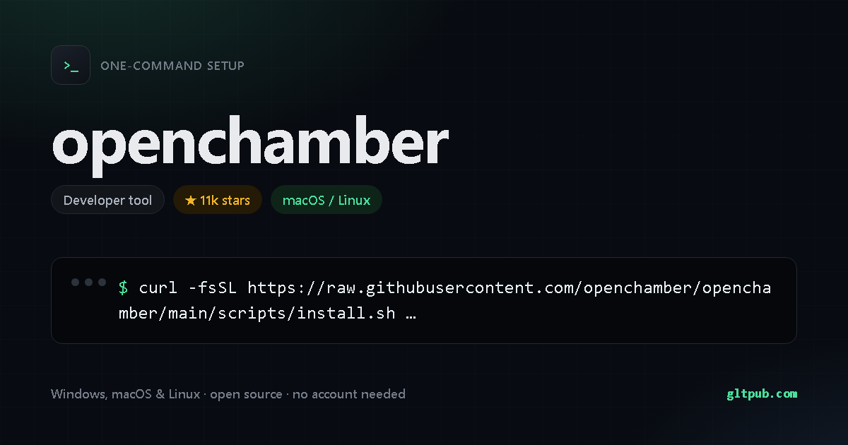 openchamber one-command setup card, developer tool, for macOS and Linux, 11k stars on the project's repository