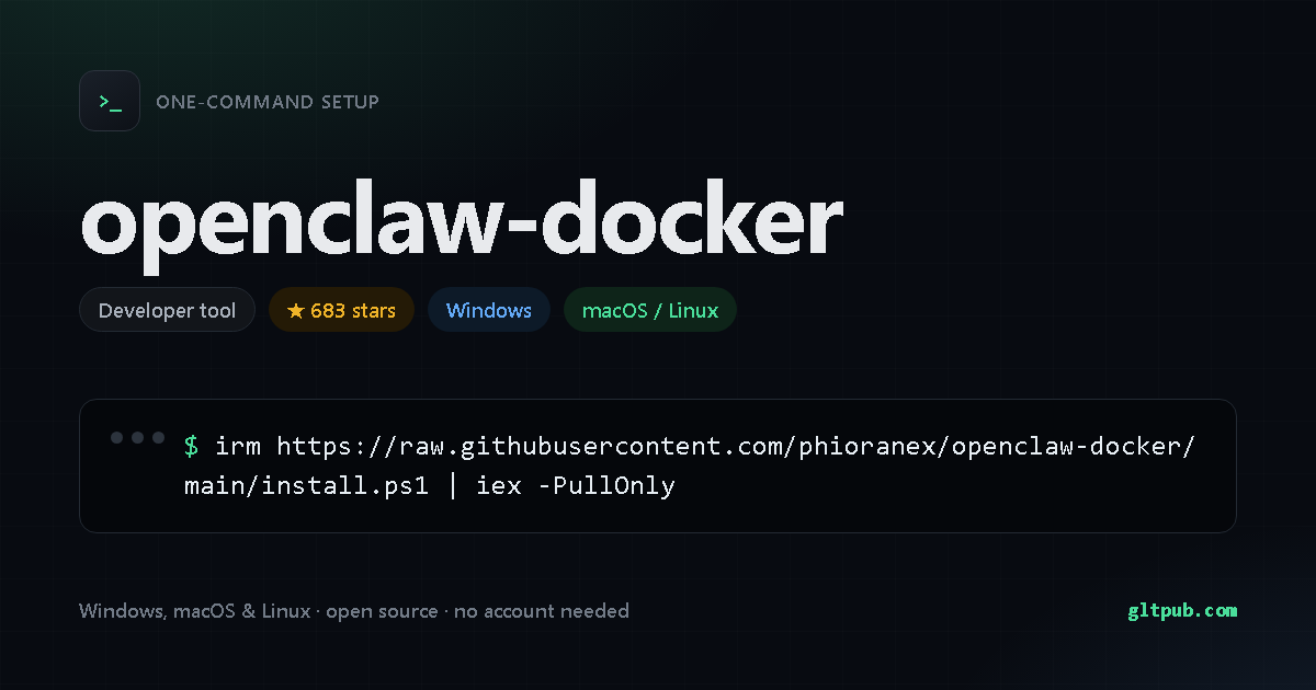 openclaw-docker one-command setup card, developer tool, for Windows and macOS and Linux, 683 stars on the project's repository