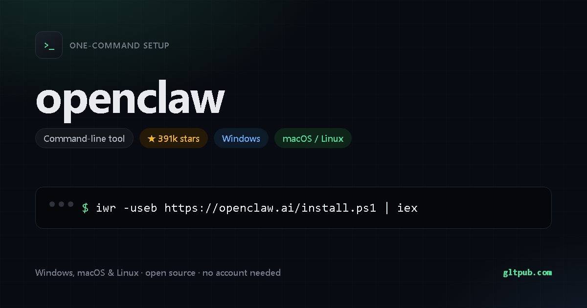 openclaw one-command setup card, command-line tool, for Windows and macOS and Linux, 391k stars on the project's repository