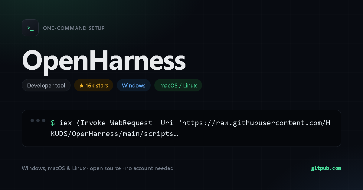 OpenHarness one-command setup card, developer tool, for Windows and macOS and Linux, 16k stars on the project's repository