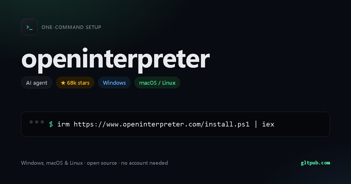 openinterpreter one-command setup card, ai agent, for Windows and macOS and Linux, 68k stars on the project's repository