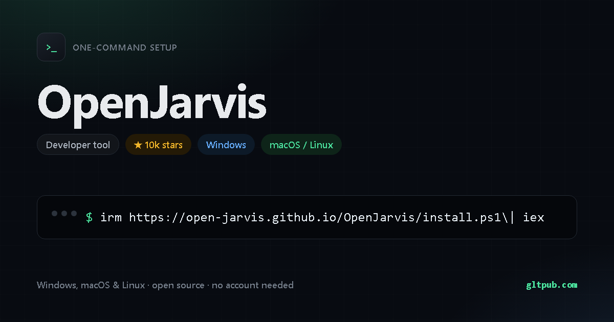 OpenJarvis one-command setup card, developer tool, for Windows and macOS and Linux, 10k stars on the project's repository