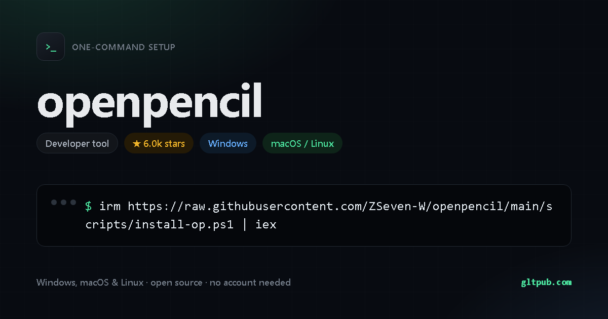 openpencil one-command setup card, developer tool, for Windows and macOS and Linux, 6.0k stars on the project's repository