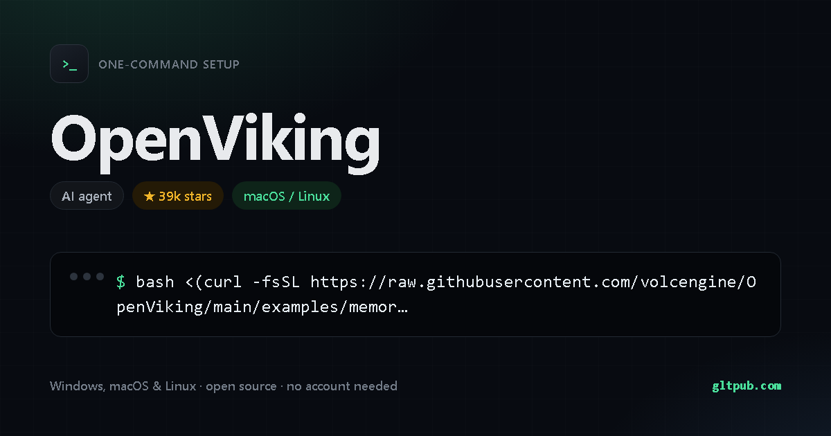 OpenViking one-command setup card, ai agent, for macOS and Linux, 39k stars on the project's repository