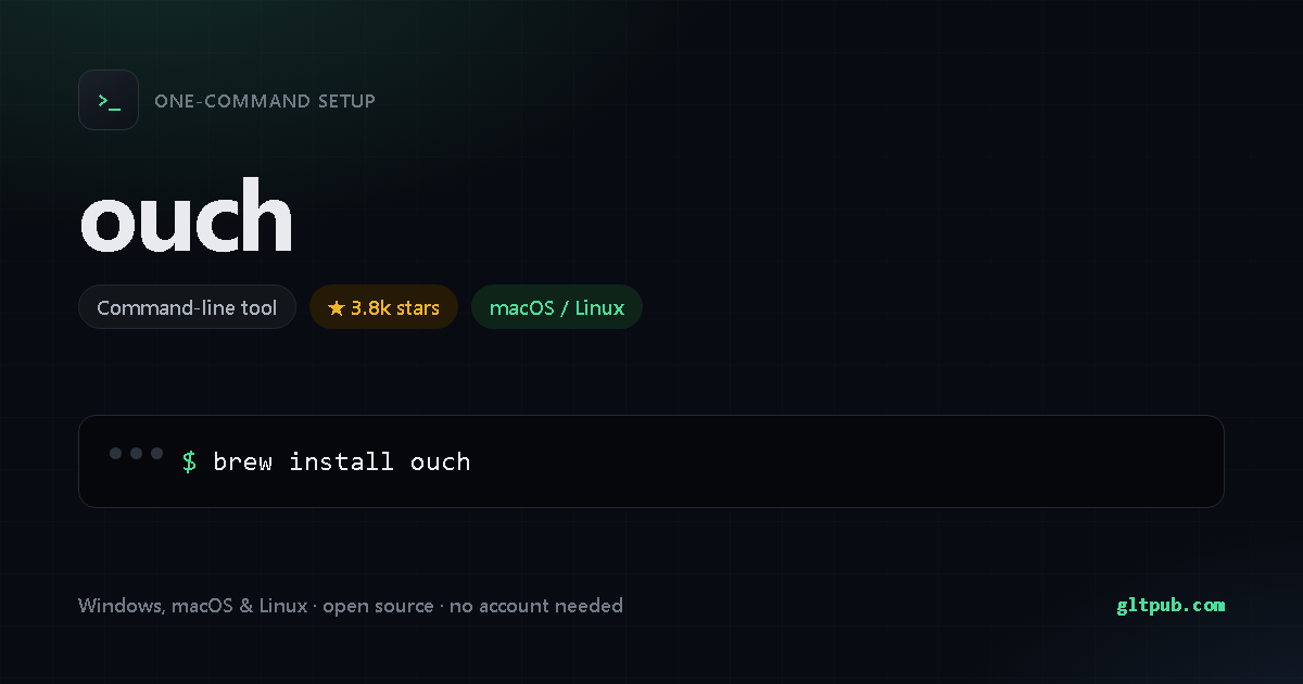 ouch one-command setup card, command-line tool, for macOS and Linux, 3.8k stars on the project's repository