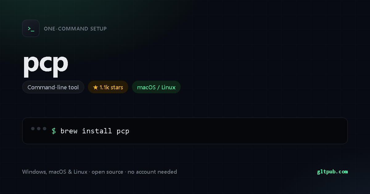 pcp one-command setup card, command-line tool, for macOS and Linux, 1.1k stars on the project's repository