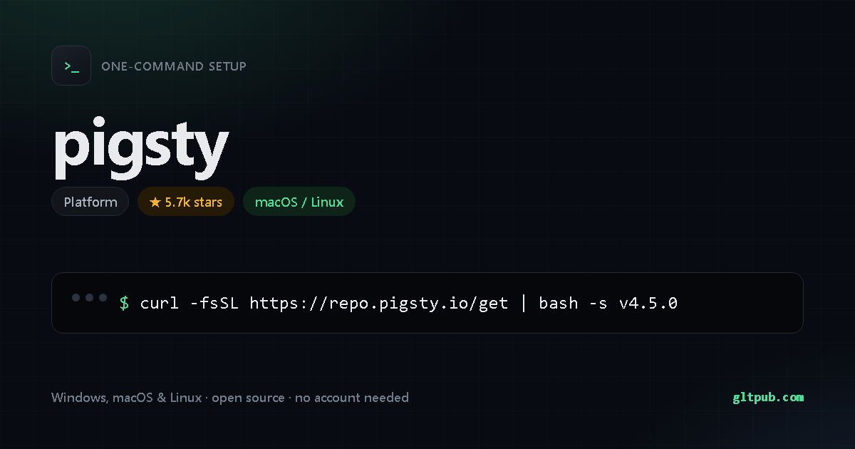 pigsty one-command setup card, platform, for macOS and Linux, 5.7k stars on the project's repository