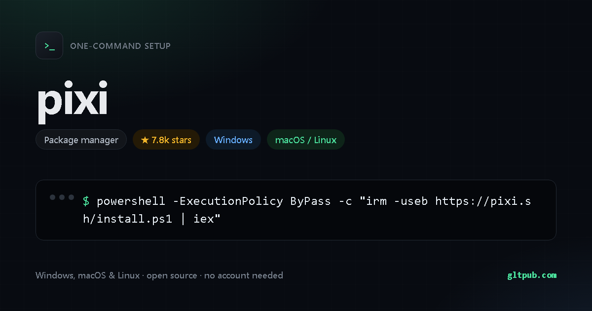 pixi one-command setup card, package manager, for Windows and macOS and Linux, 7.8k stars on the project's repository