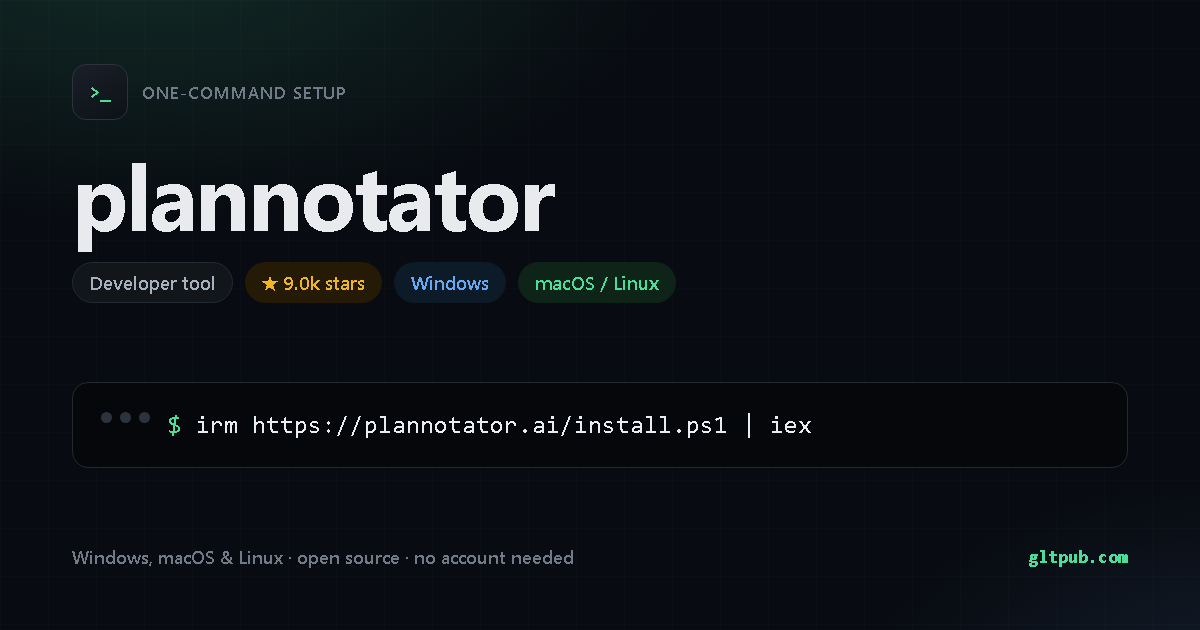 plannotator one-command setup card, developer tool, for Windows and macOS and Linux, 9.0k stars on the project's repository