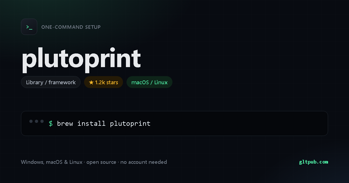 plutoprint one-command setup card, library / framework, for macOS and Linux, 1.2k stars on the project's repository