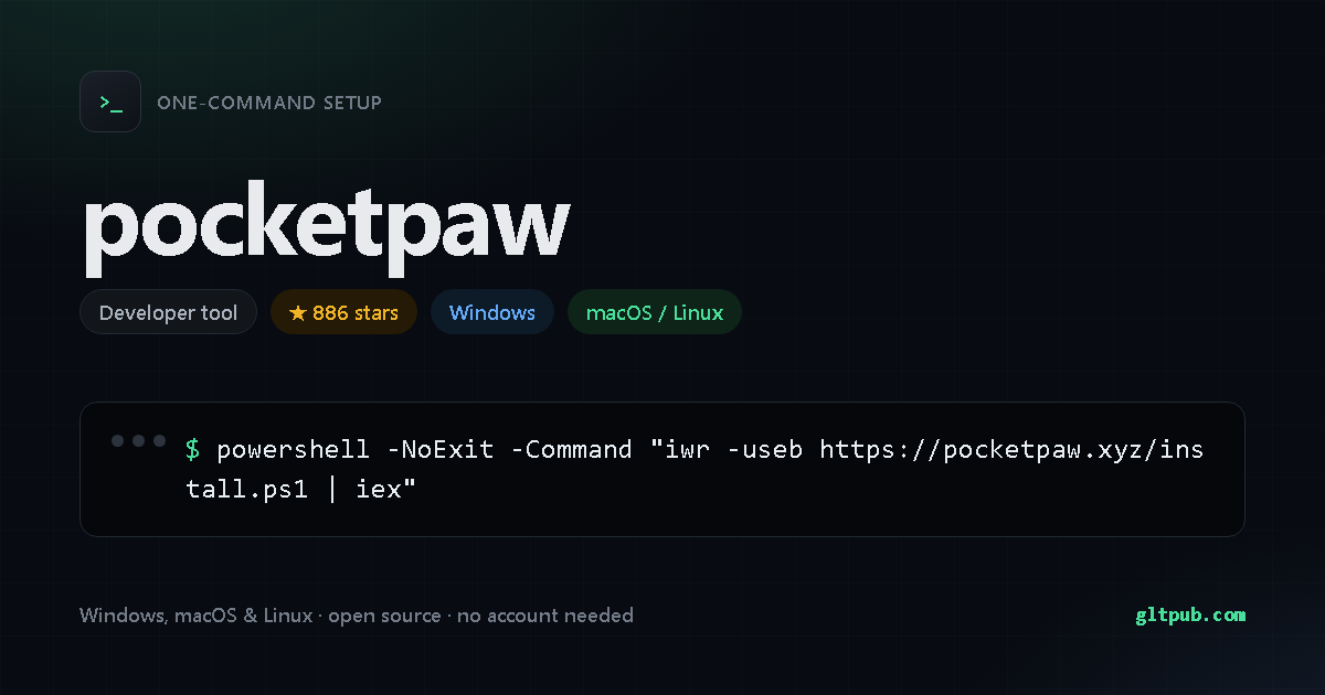pocketpaw one-command setup card, developer tool, for Windows and macOS and Linux, 886 stars on the project's repository