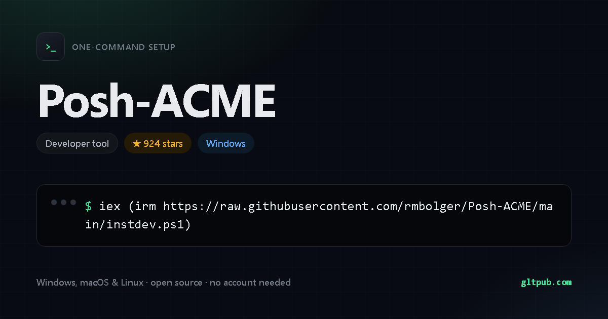 Posh-ACME one-command setup card, developer tool, for Windows, 924 stars on the project's repository