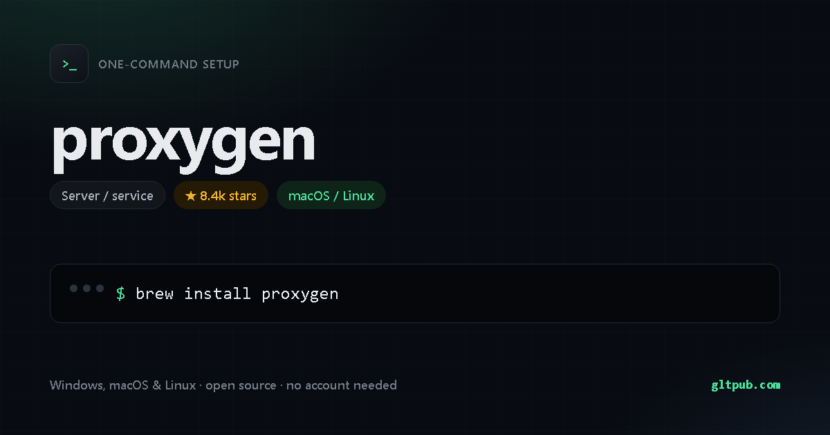 proxygen one-command setup card, server / service, for macOS and Linux, 8.4k stars on the project's repository