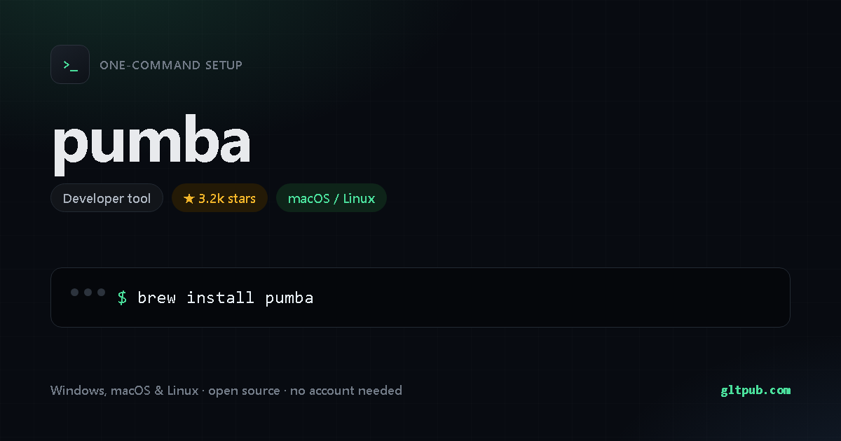 pumba one-command setup card, developer tool, for macOS and Linux, 3.2k stars on the project's repository