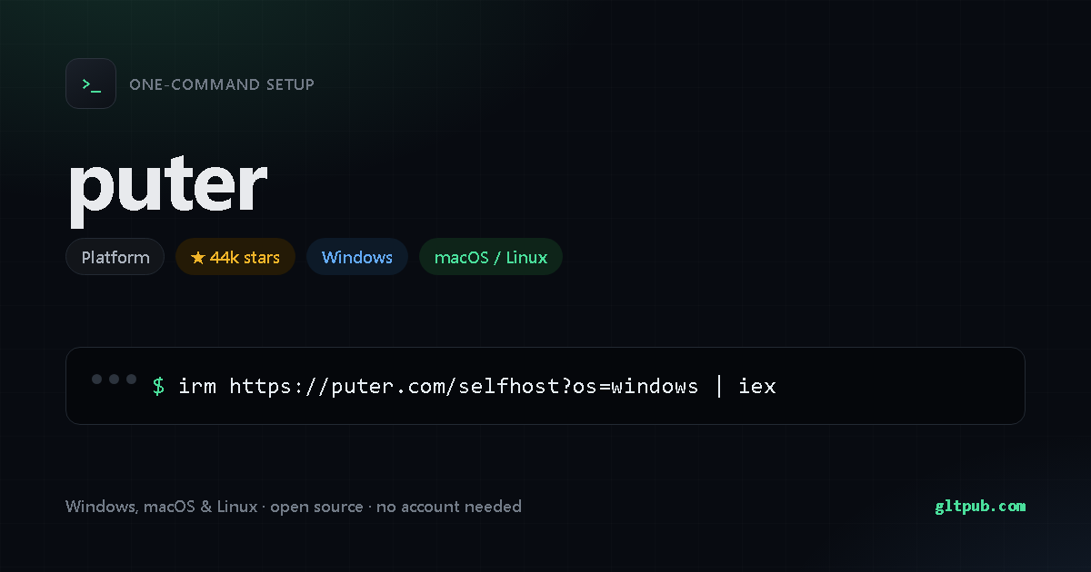 puter one-command setup card, platform, for Windows and macOS and Linux, 44k stars on the project's repository