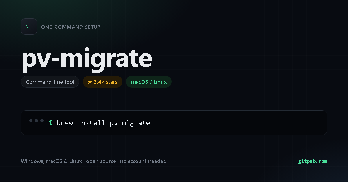 pv-migrate one-command setup card, command-line tool, for macOS and Linux, 2.4k stars on the project's repository