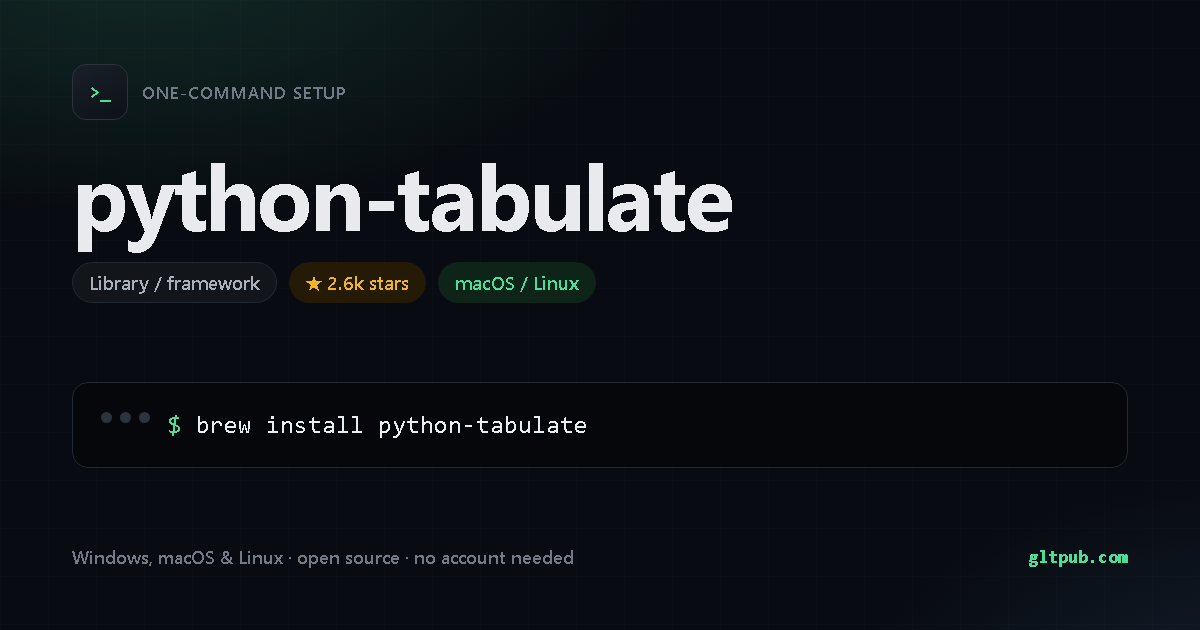 python-tabulate one-command setup card, library / framework, for macOS and Linux, 2.6k stars on the project's repository