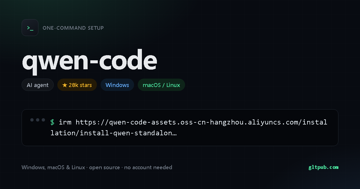 qwen-code one-command setup card, ai agent, for Windows and macOS and Linux, 28k stars on the project's repository