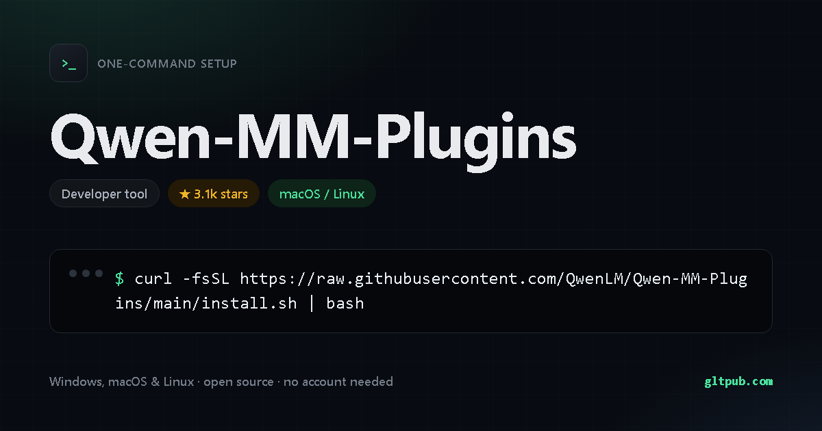 Qwen-MM-Plugins one-command setup card, developer tool, for macOS and Linux, 3.1k stars on the project's repository