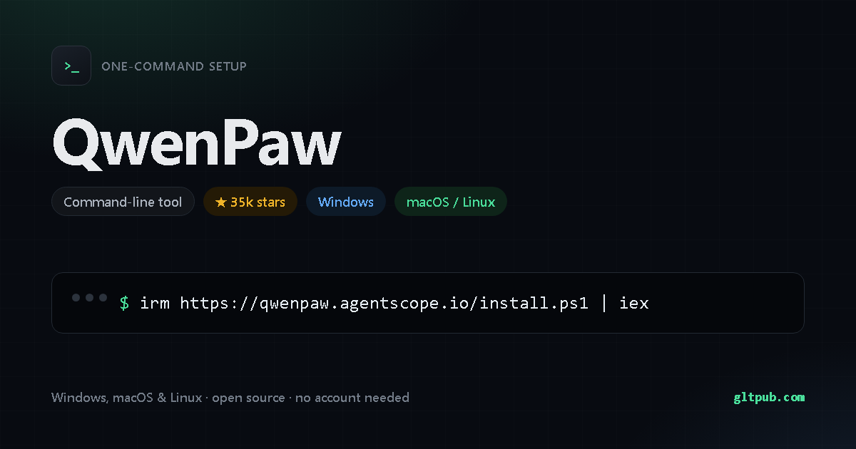 QwenPaw one-command setup card, developer tool, for Windows and macOS and Linux, 35k stars on the project's repository