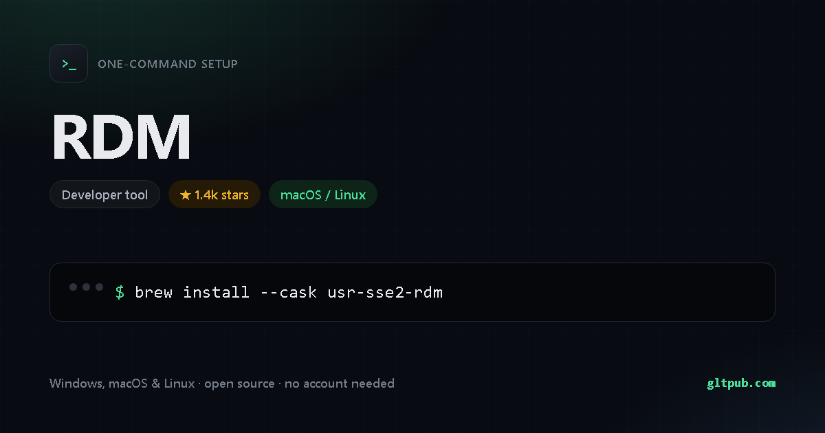 RDM one-command setup card, developer tool, for macOS and Linux, 1.4k stars on the project's repository