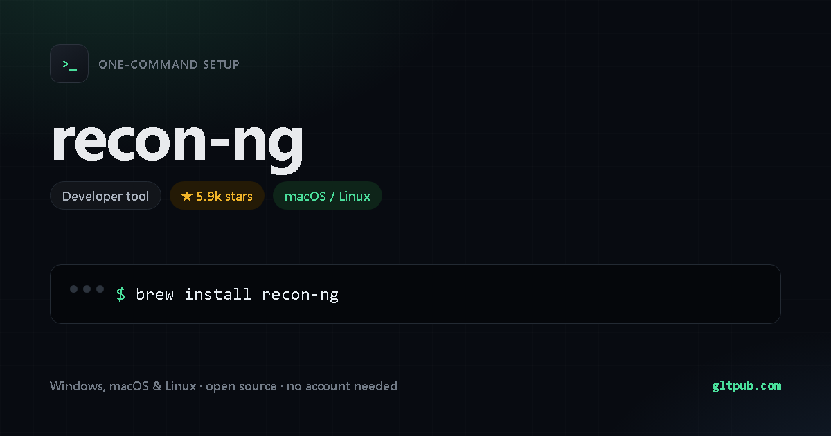 recon-ng one-command setup card, developer tool, for macOS and Linux, 5.9k stars on the project's repository