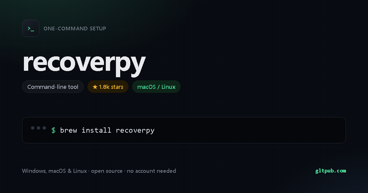recoverpy one-command setup card, command-line tool, for macOS and Linux, 1.8k stars on the project's repository