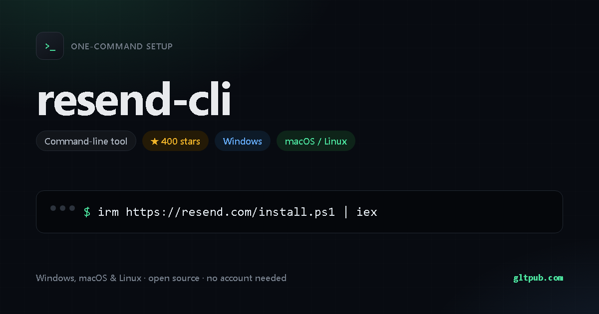 resend-cli one-command setup card, command-line tool, for Windows and macOS and Linux, 400 stars on the project's repository